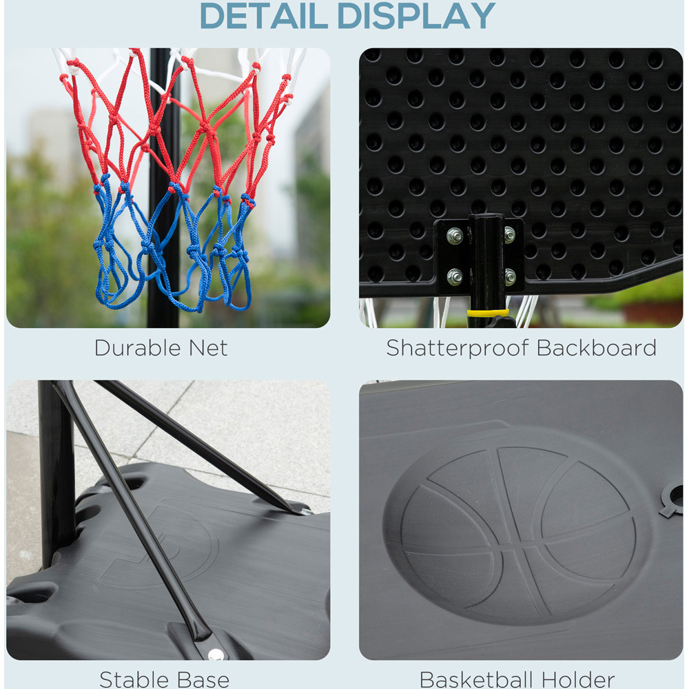 HOMCOM Black Adjustable Basketball Hoop Stand with Wheels and Weight Base 160-210cm Image 7