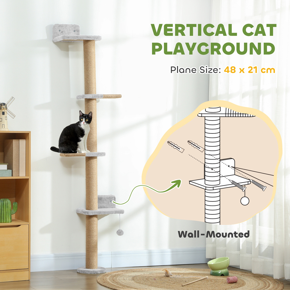 PawHut 4 Platform Light Grey Indoor Wall Mounted Cat Shelves Image 6