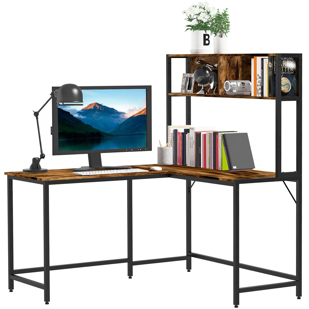 Portland 2 Shelf Industrial L-Shaped Corner Work Desk with Adjustable Feet Brown and Black Image 2