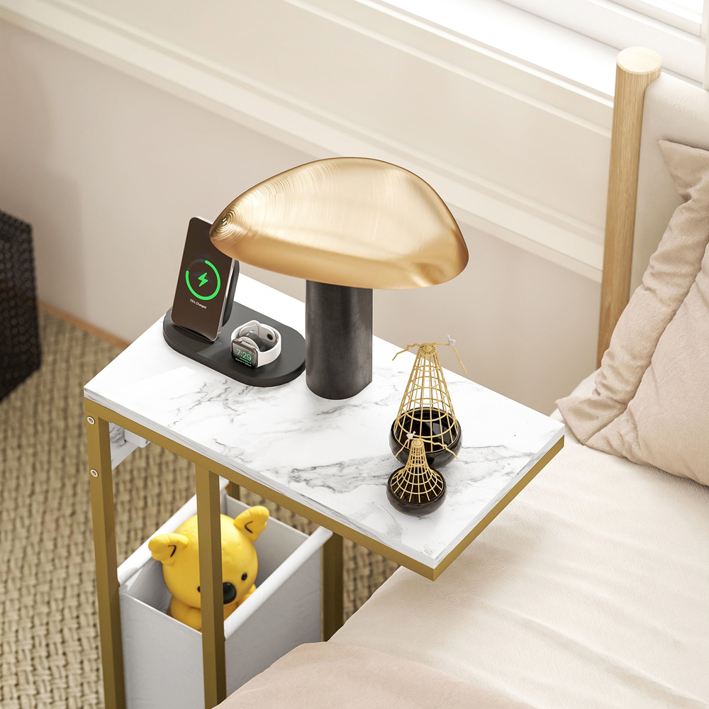HOMCOM Faux Marble C-Shape Side Table with Charging Station and Storage Bag Image 3