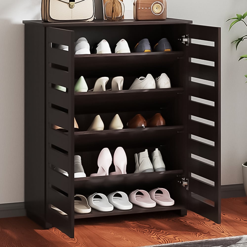 HOMCOM 2 Door Brown Slatted Shoe Storage Cabinet Image 1