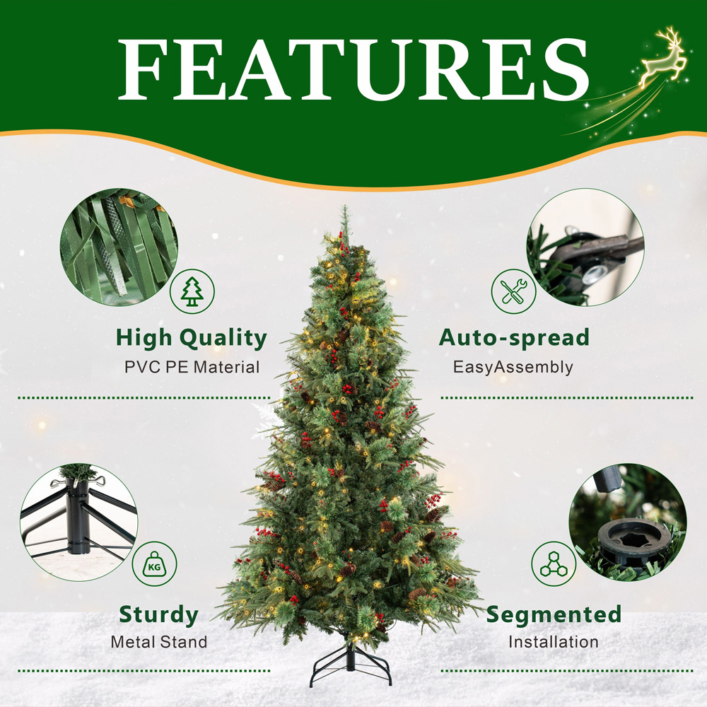 Abrihome 380 Warm White LED Pre-Lit Artificial Christmas Tree with Berries and Pinecones 7ft Image 5