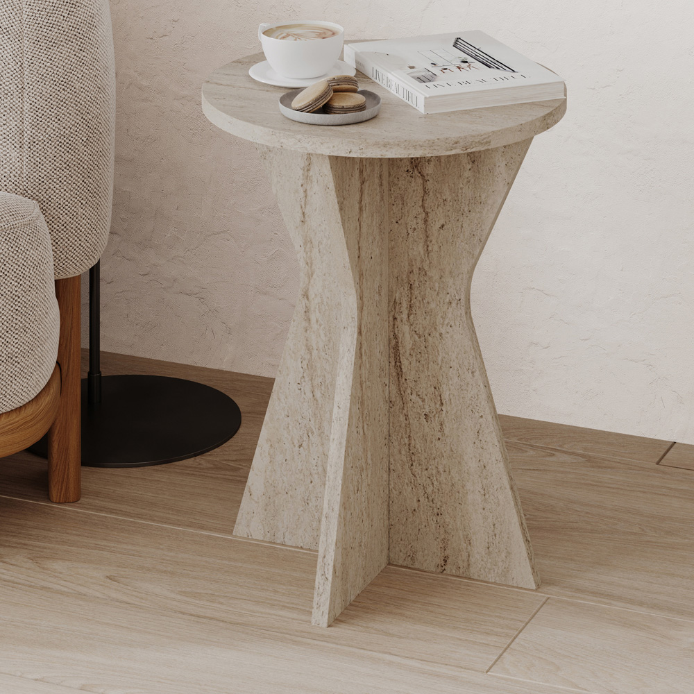 Decortie Lisa Travertine Geometric Pedestal Base Round Side Table Image 1