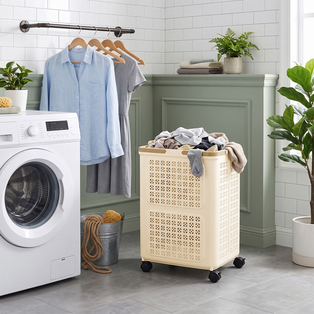 Living and Home Cream and Khaki Foldable Laundry Basket with Wheels Image 7