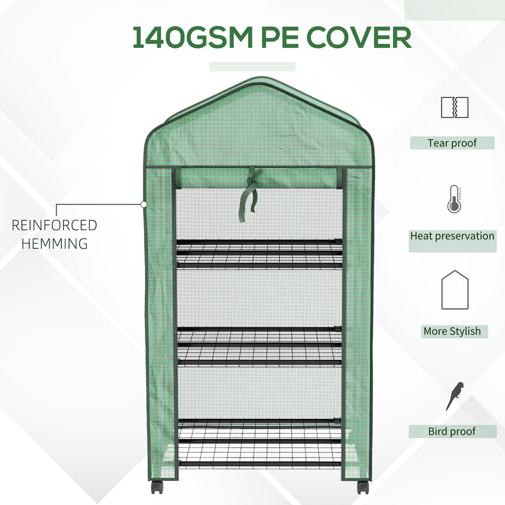 Outsunny Green 3 Shelf PE Cover 2.2 x 1.6ft Portable Mini Greenhouse with Roll Up Door and Wheels Image 5