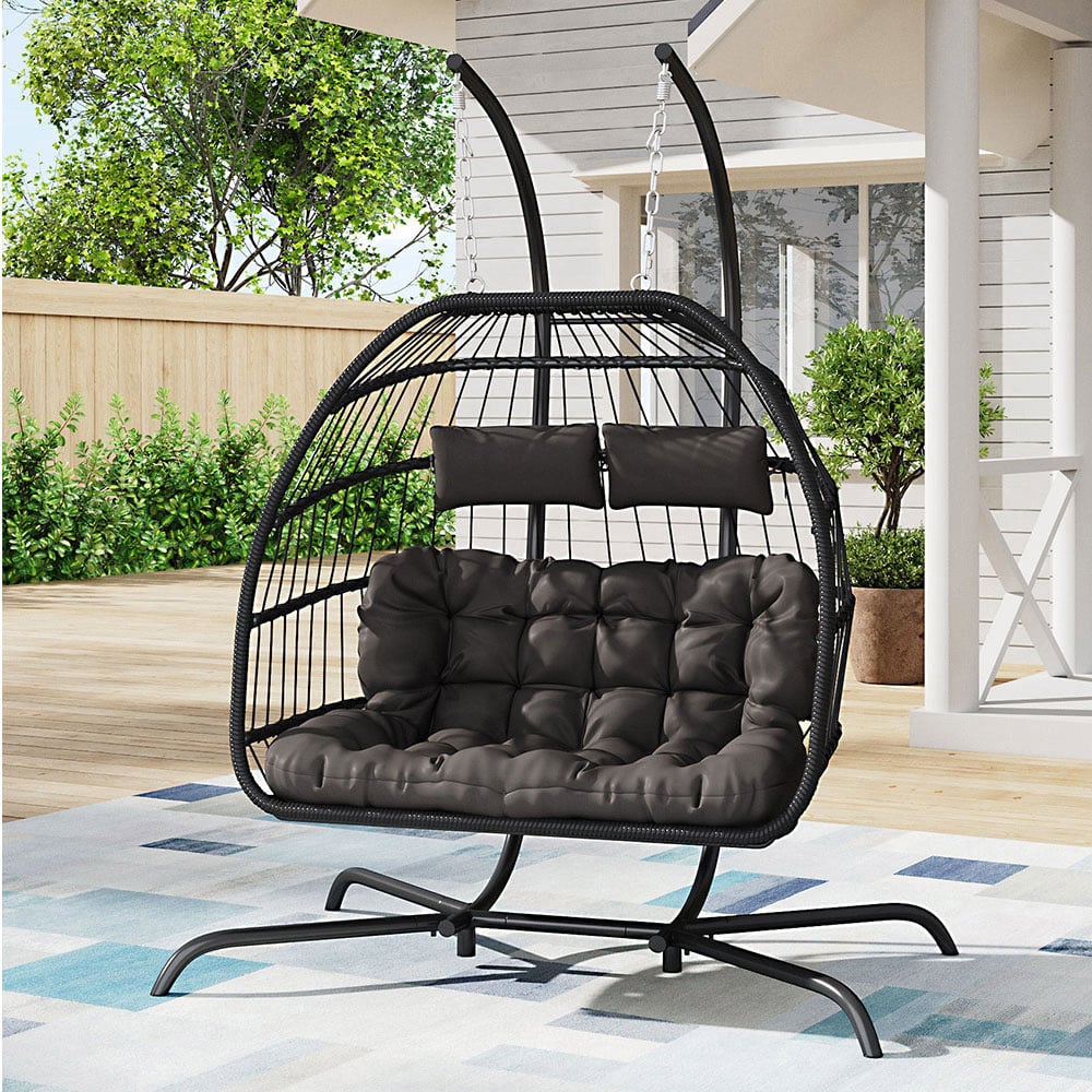 Living and Home 2 Seater Black Garden Hanging Egg Chair with Cushions Image 7