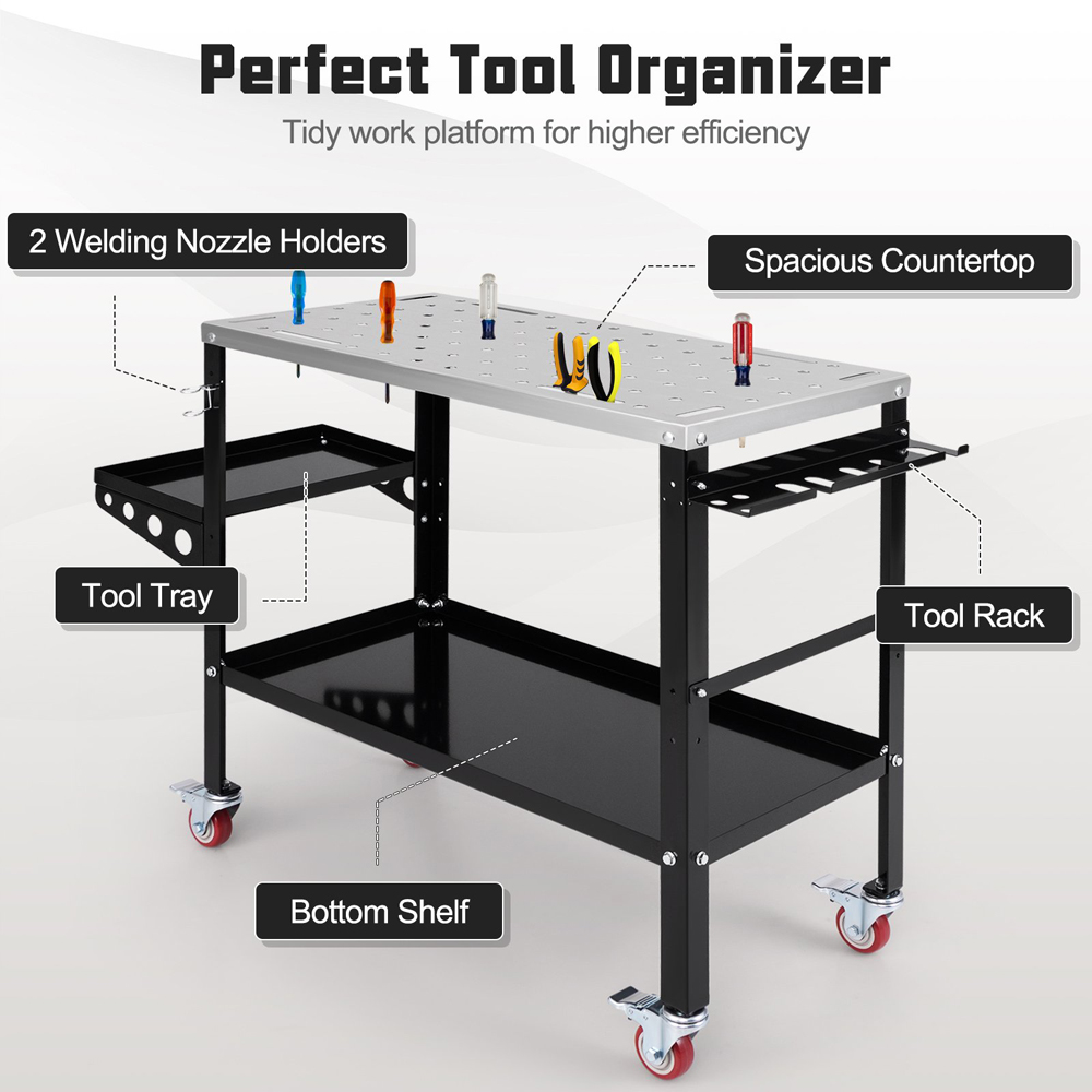 Costway Single Shelf 2 Tray Black Welding Table Workbench with Wheels Image 8