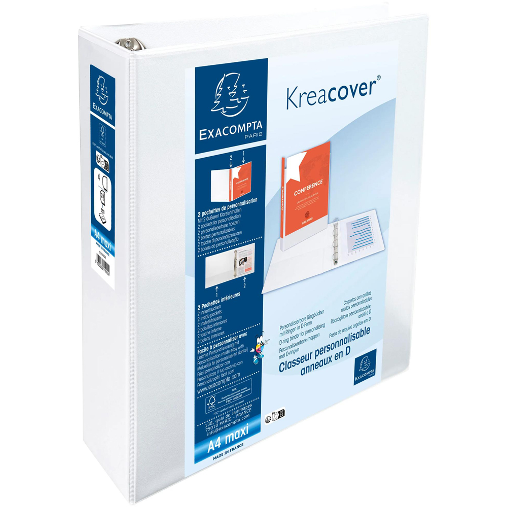 Exacompta Kreacover White Polypropylene Personal 4D Ring Binder with 2 Pockets 60mm 10 Pack Image 3
