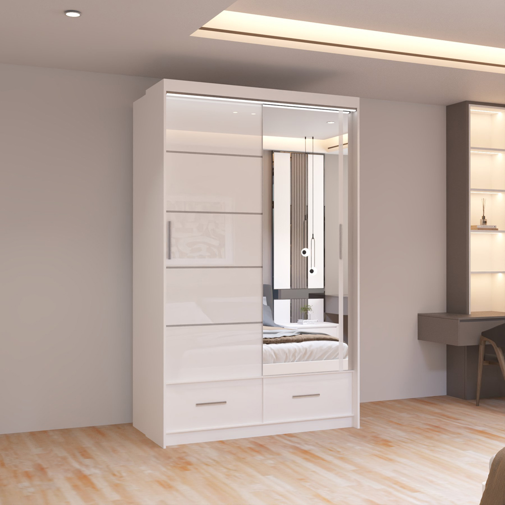 Sliding Wardrobes 4U Sycylia 2 Door 2 Drawer White High Gloss Mirror Wardrobe Image 3