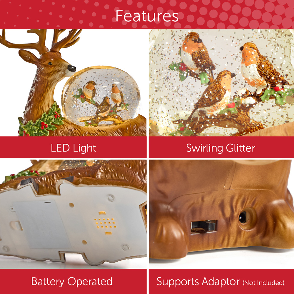 The Christmas Workshop Warm White LED Golden Reindeer and Robin Light Up Snow Globe 26cm Image 8