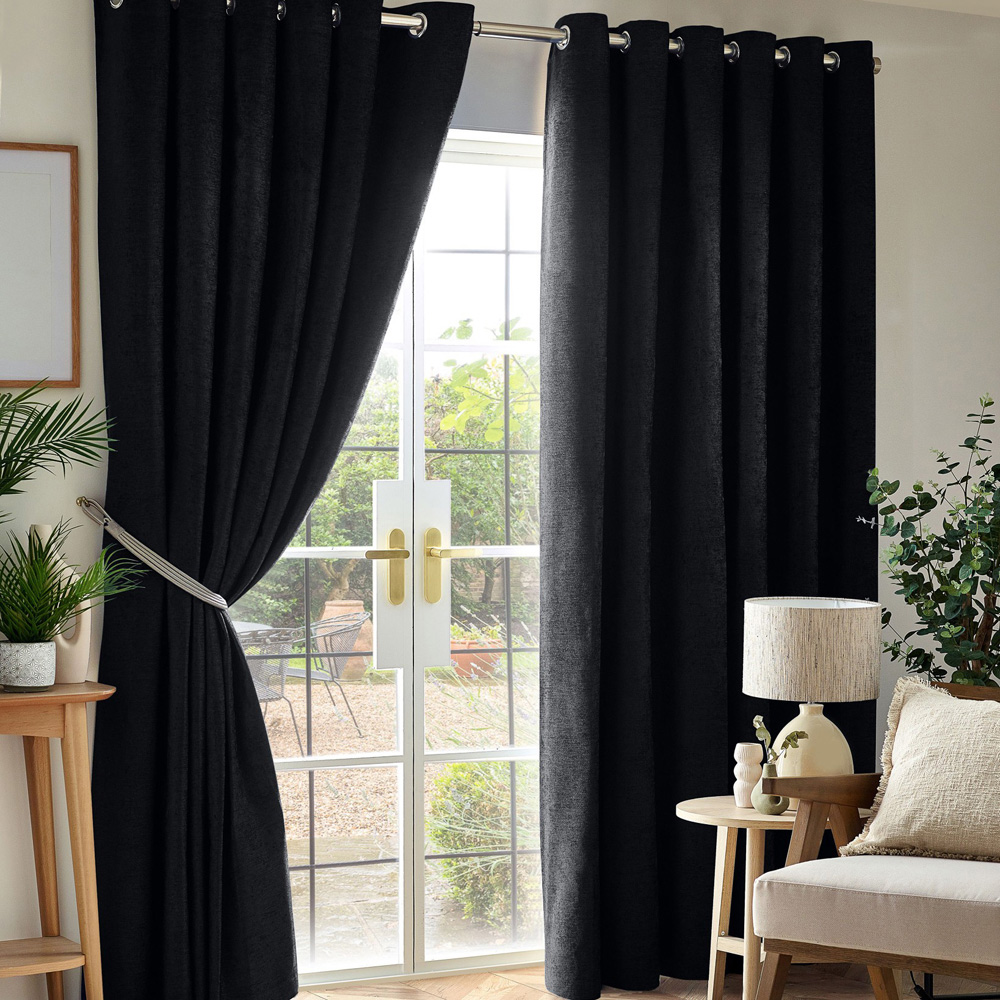 Alan Symonds Black Chenille Blackout Ring Top Eyelet Curtains 168 x 229cm Image 1