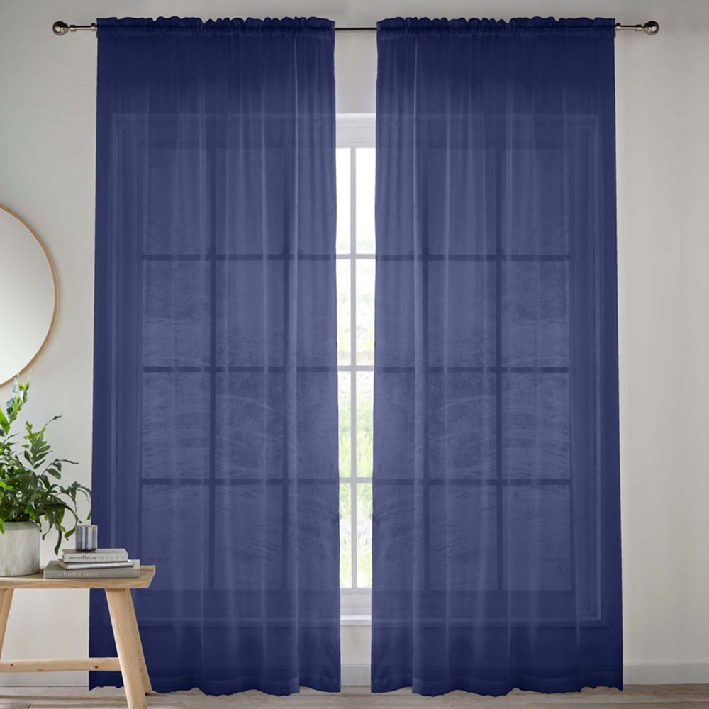 Tyrone Textiles Crystal Navy Plain Sheer Voile Panel Curtain 145 x 122cm Image 1