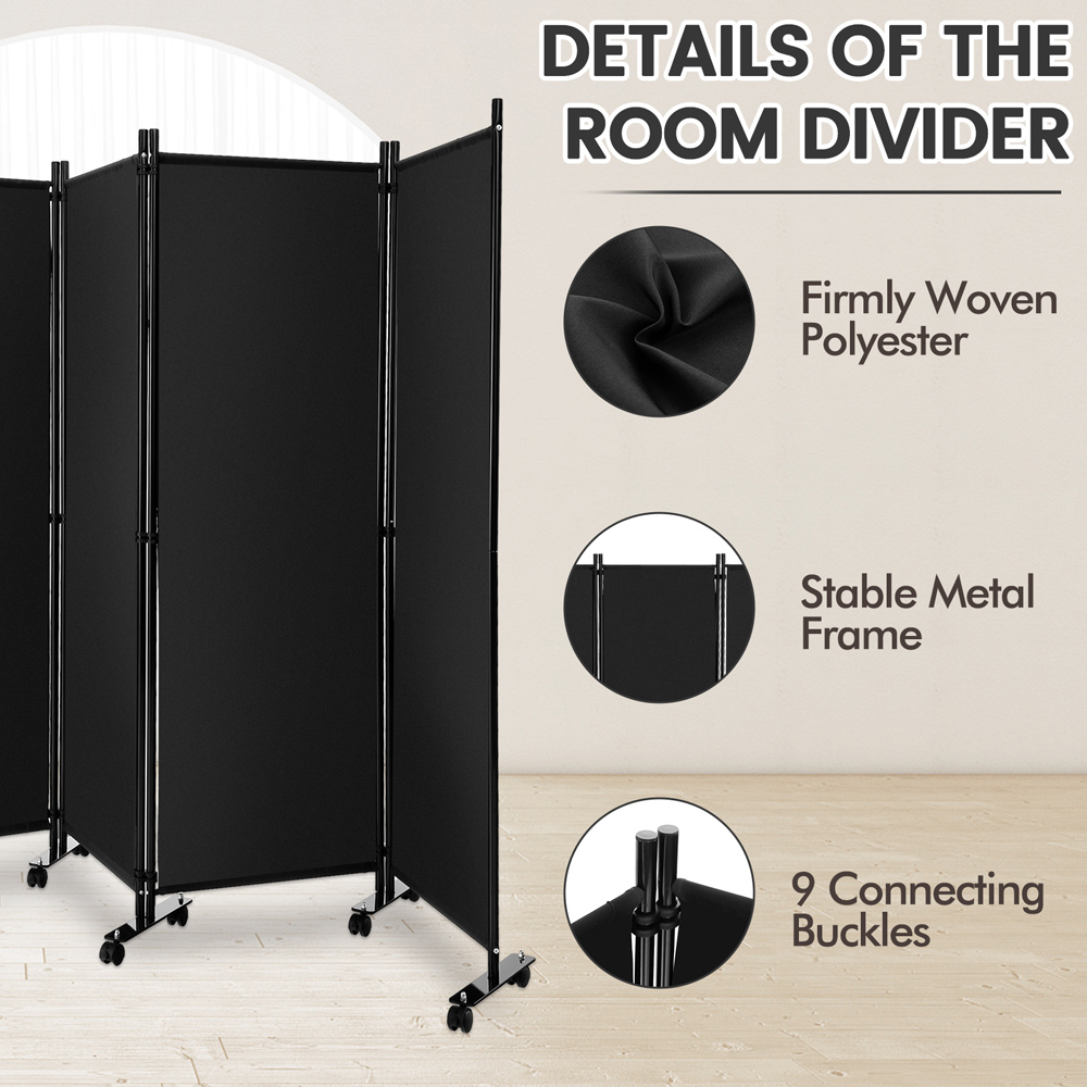 Costway 4 Panel Black Folding Room Divider with Wheels Image 5
