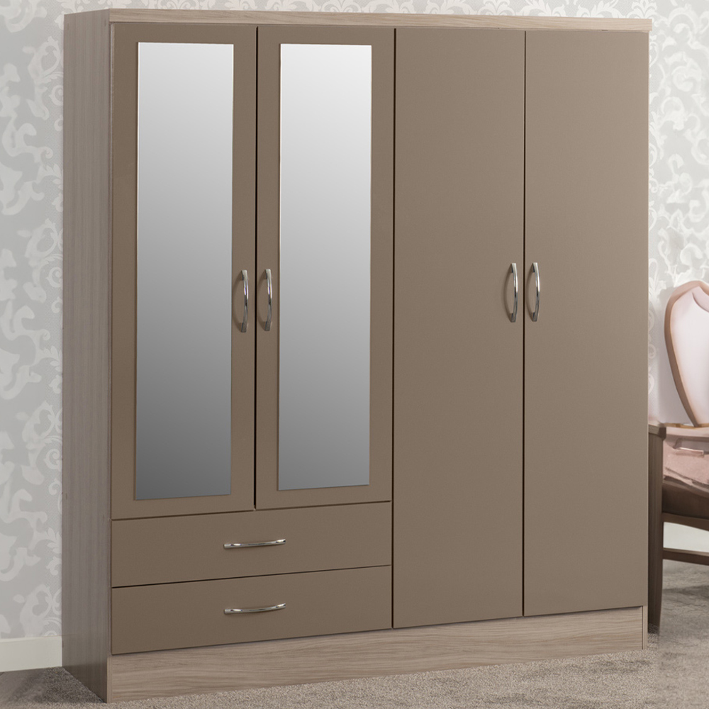Seconique Nevada 4 Door 2 Drawer Oyster Gloss and Light Oak Veneer Mirror Wardrobe Image 1
