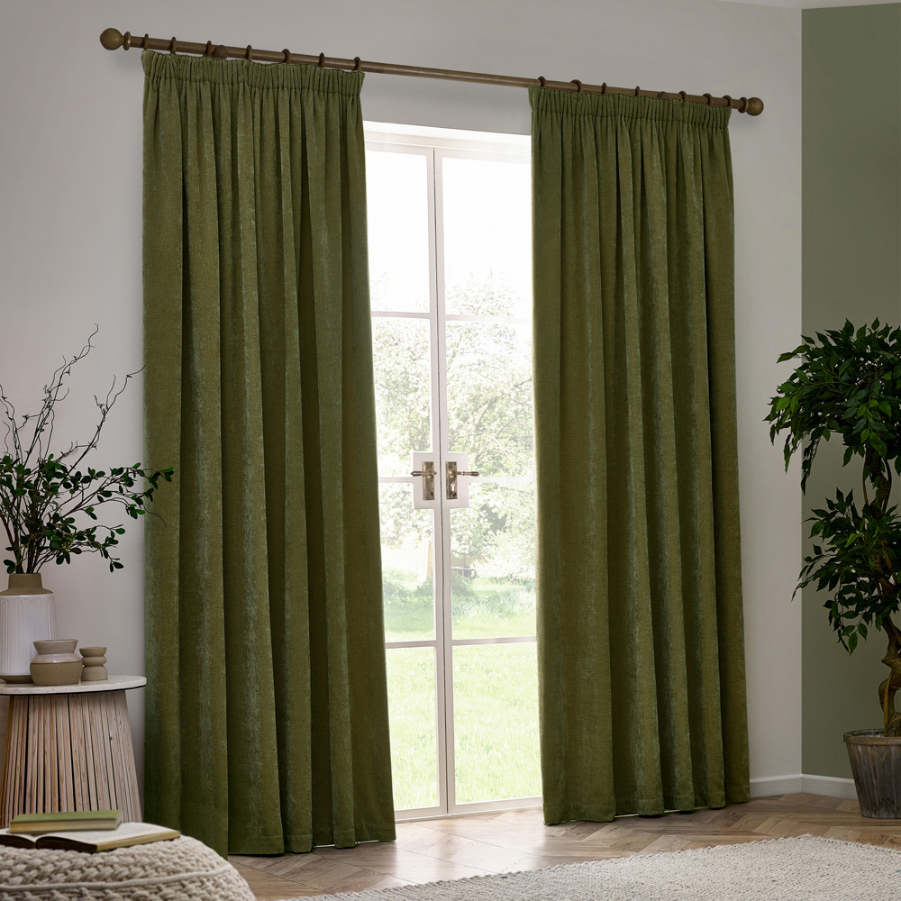 Yard Heavy Olive Chenille Velvet Pencil Pleat Curtains 117 x 137cm Image 6