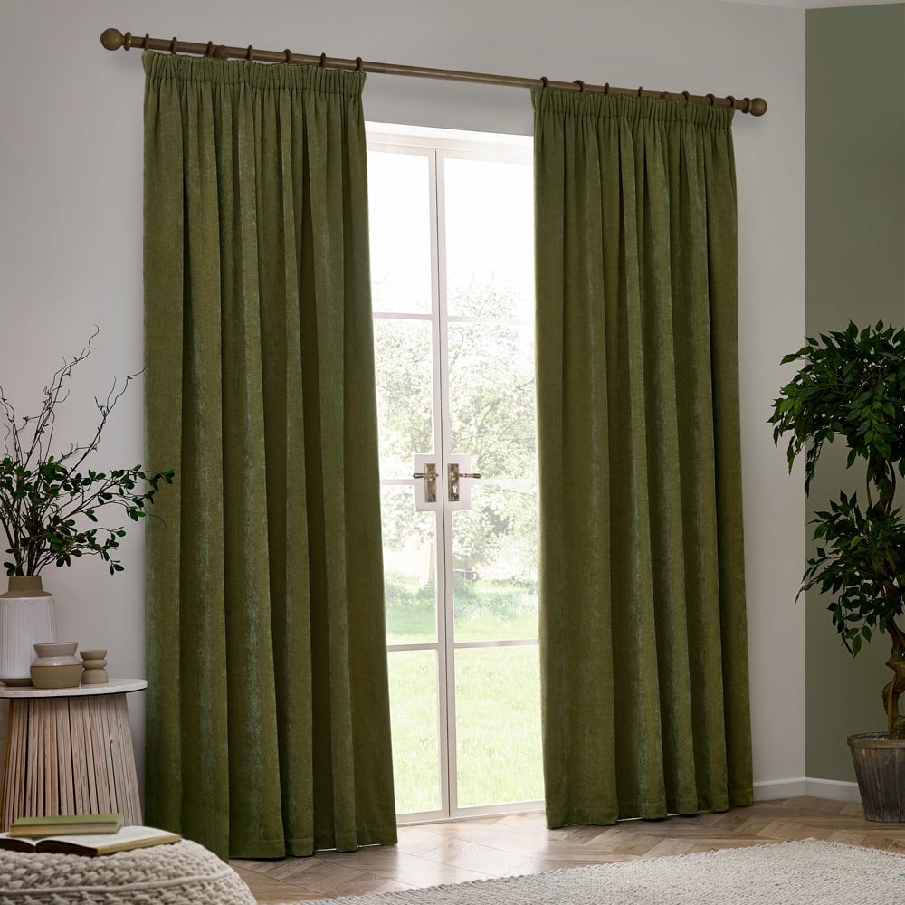 Yard Heavy Olive Chenille Velvet Pencil Pleat Curtains 229 x 137cm Image 6