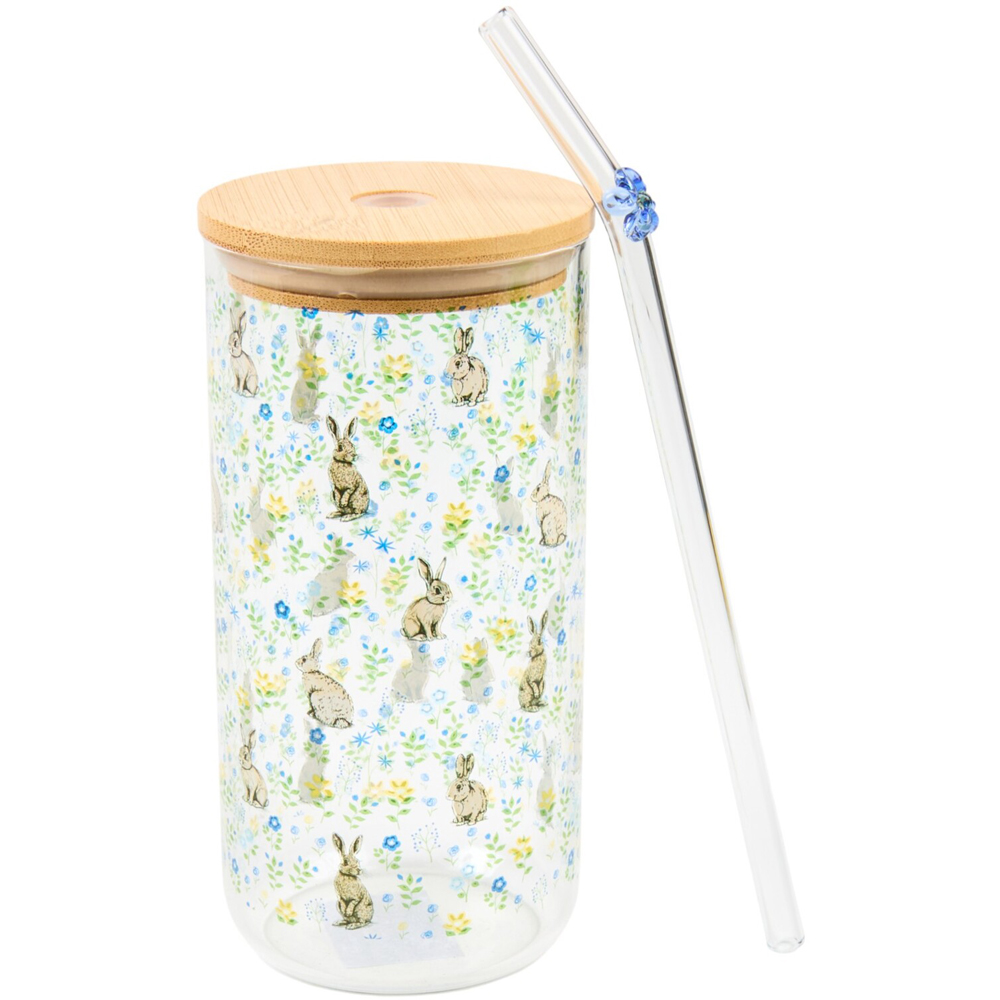 Floral Bunny Drinking Jar with Lid and Straw Clear Image 5