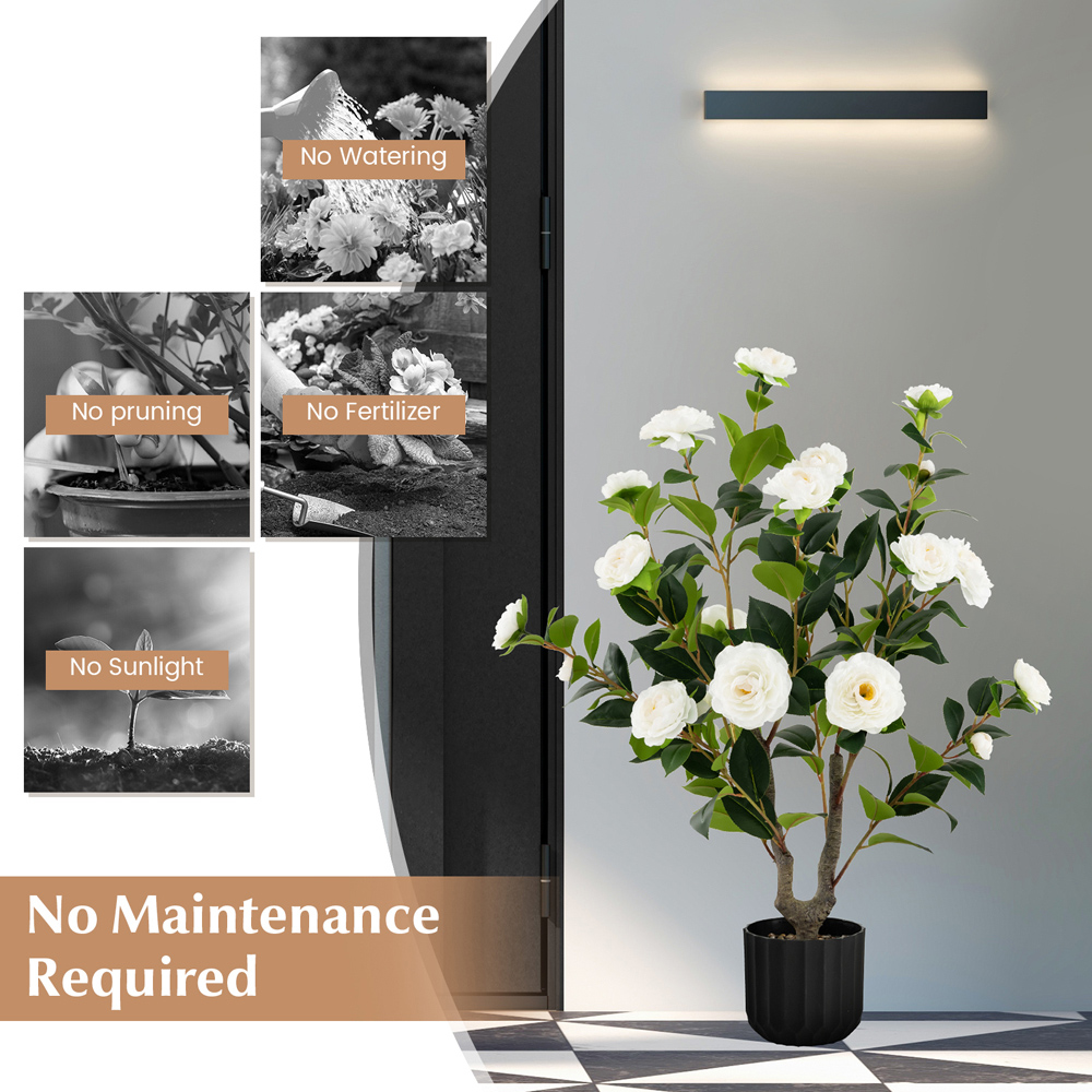 Costway White Flowers Camellia Tree Artificial Plant In Pot 3.1ft 2 Pack Image 7