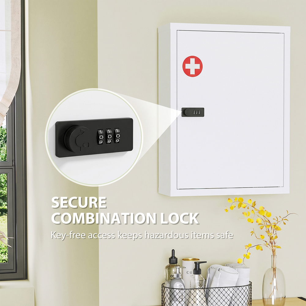 HOMCOM Single Door White Wall-Mounted Medicine Cabinet with Combination Lock Image 5