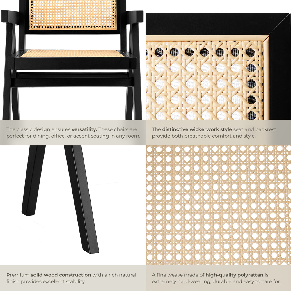 tectake Lizzy Set of 2 Black Rattan Backrest and Wood Frame Dining Chair Image 6