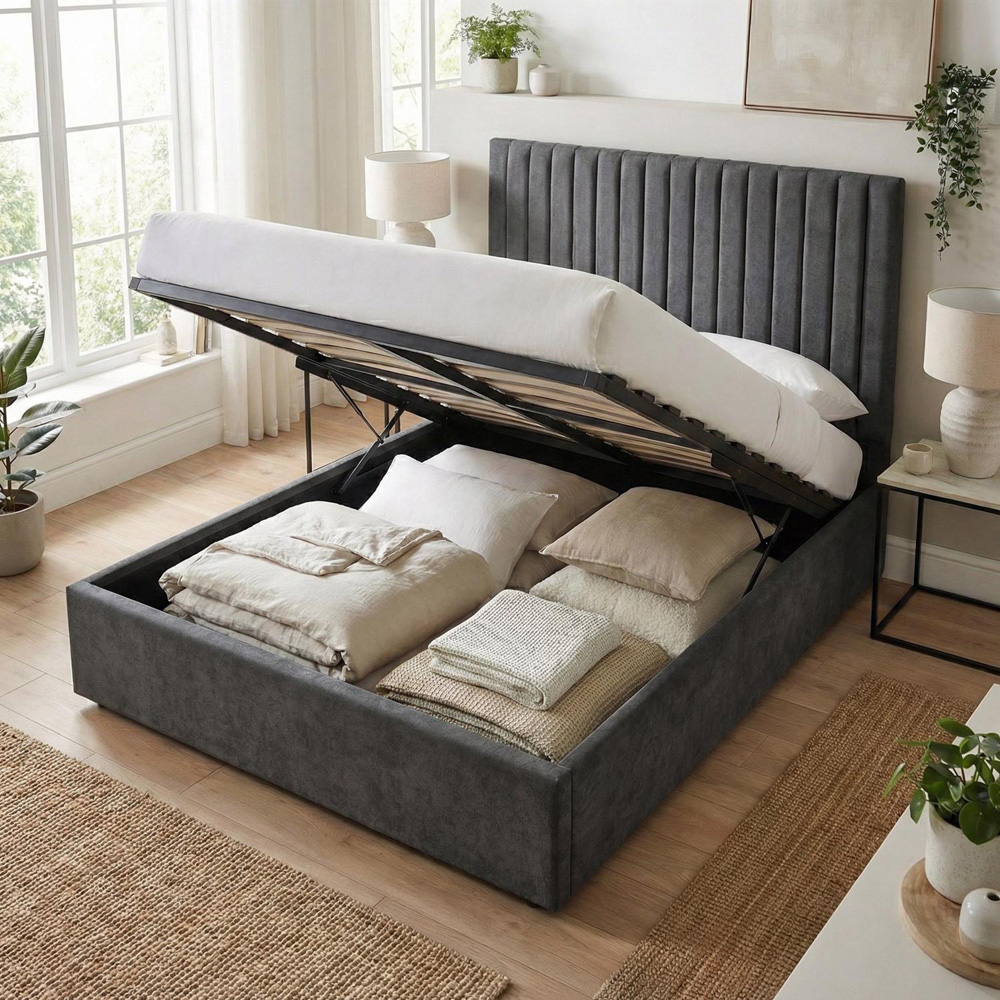 FWStyle Sollom King Size Nickel Upholstered Lift-Up Ottoman Bed Frame with Ribbed Headboard Image 2