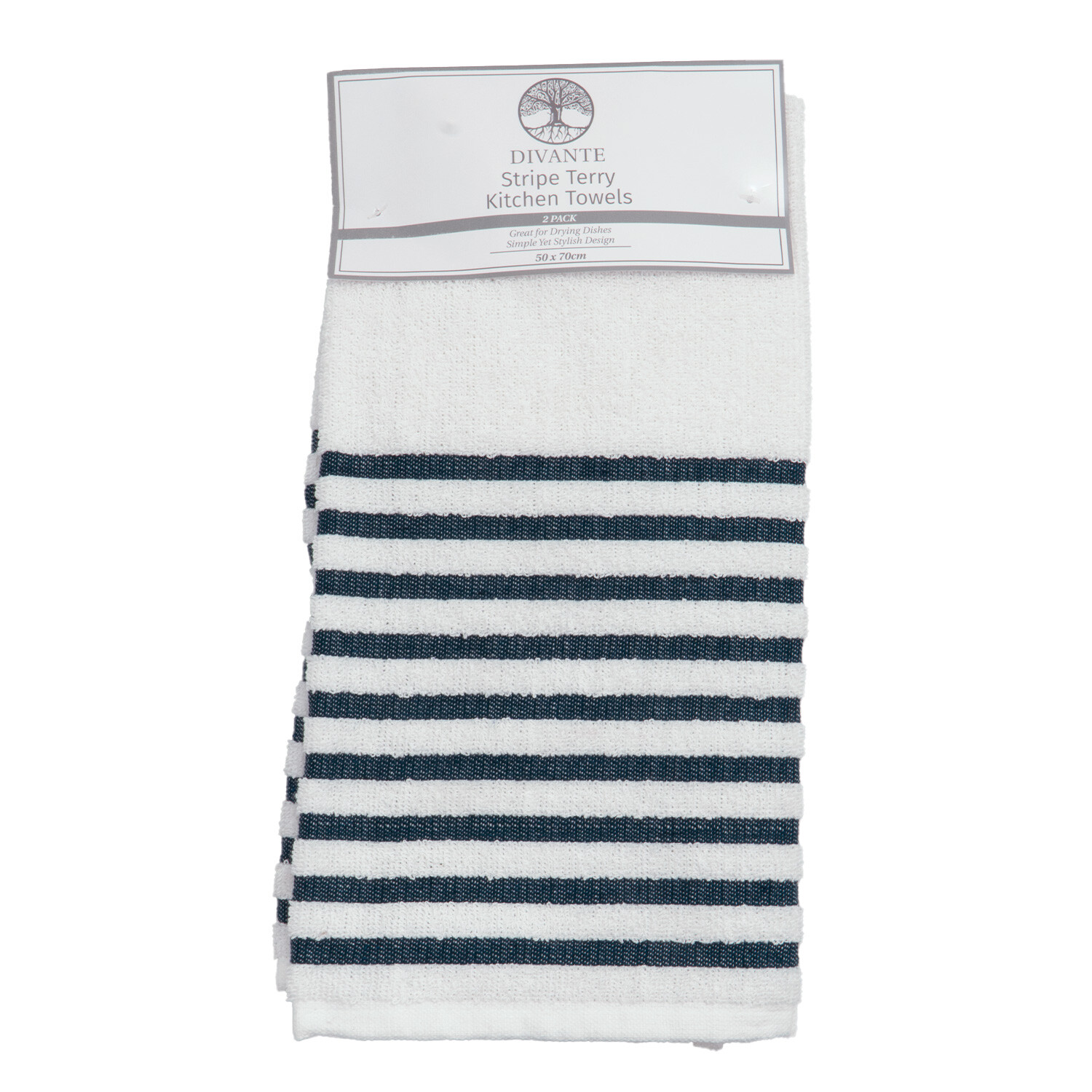 Pack of 2 Striped Terry Kitchen Towels - White & Navy Image 1
