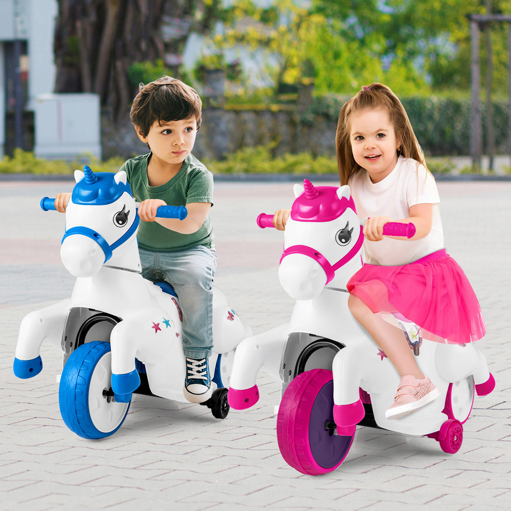 Costway Kids Blue and White Unicorn Ride On Toy with Training Wheels 12V Image 2