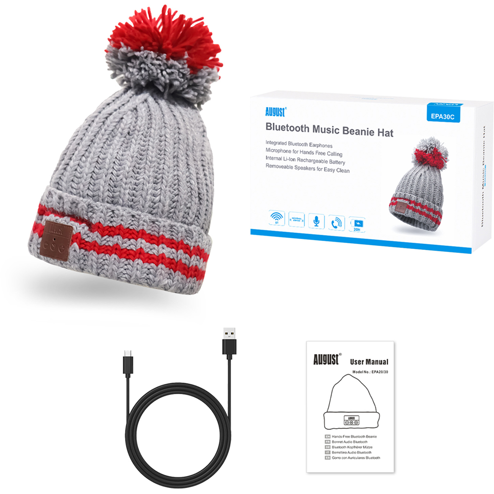 August EPA30C Red and Grey Bobble Beanie Hat with Rechargeable Bluetooth Headphones and Mic Image 6