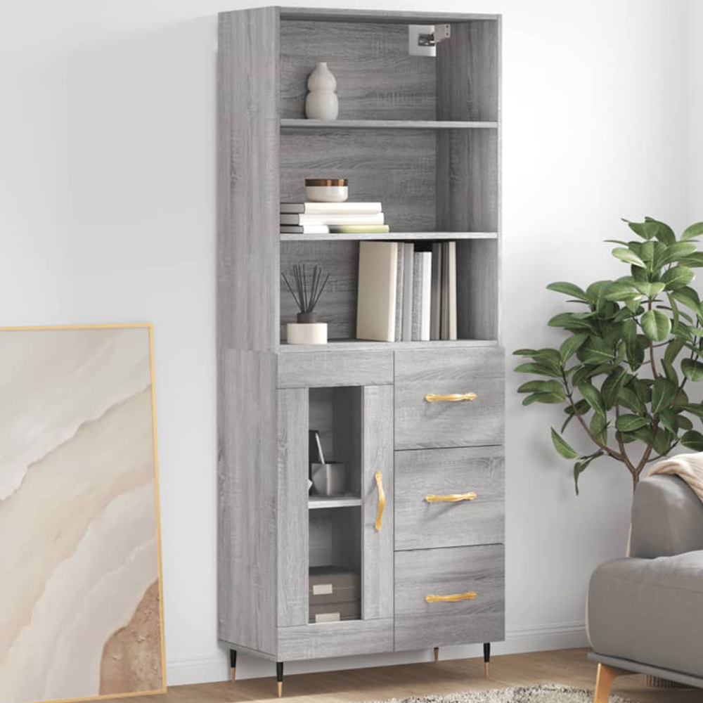vidaXL Single Glass Door 3 Drawer 3 Shelf Grey Sonoma Tall Highboard Image 1