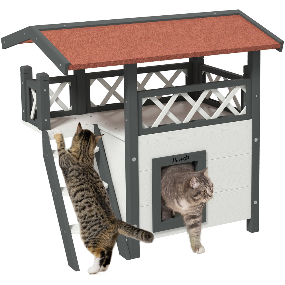 PawHut White Outdoor Cat House with Balcony Stairs Roof Image 1