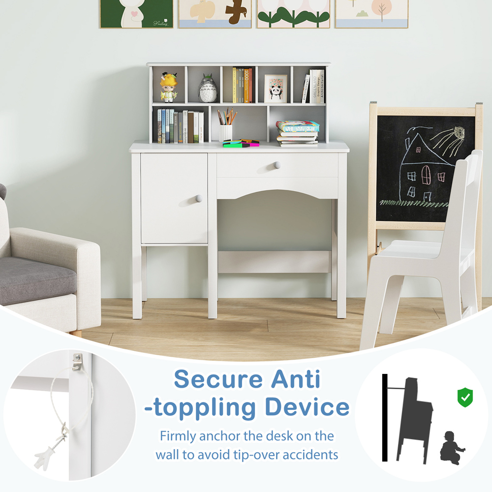 Costway Single Drawer Single Door White Kids Study Desk Set with Hutch Image 4