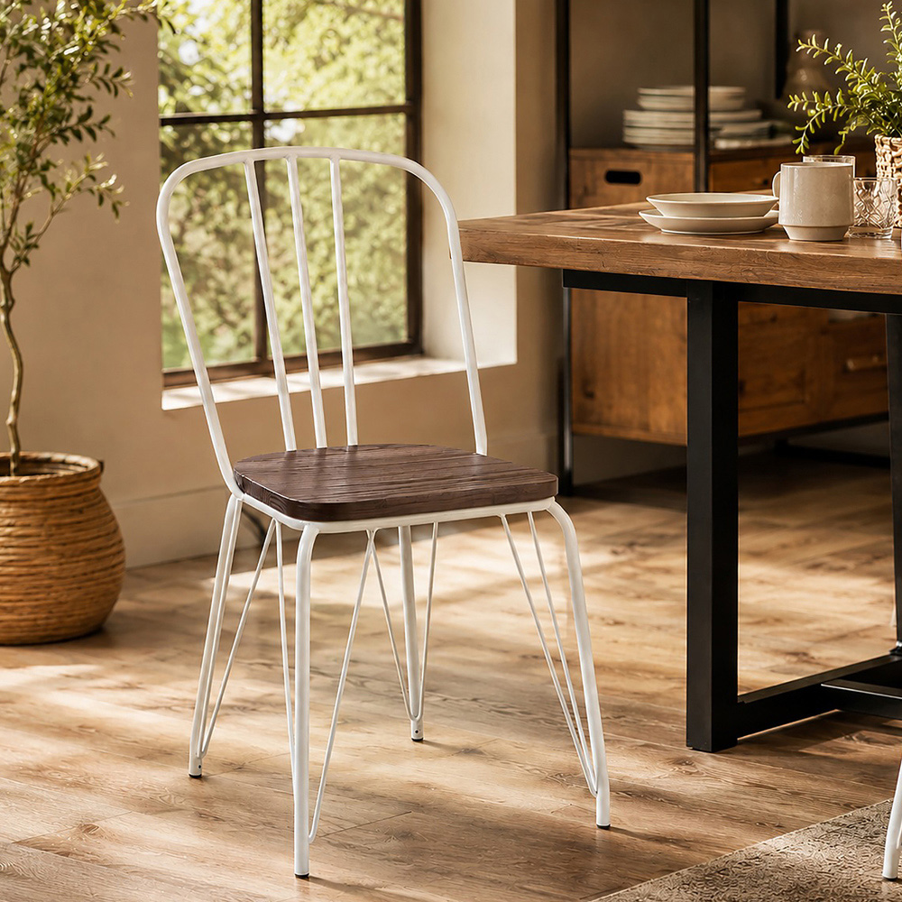 Premier Housewares District White Metal Frame and Elm Wood Dining Chair Image 3