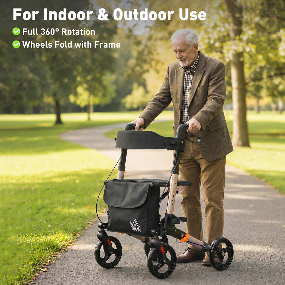 HOMCOM Gold Tone 4-Wheel Foldable Rollator Walker with Seat and Storage Bag Image 7