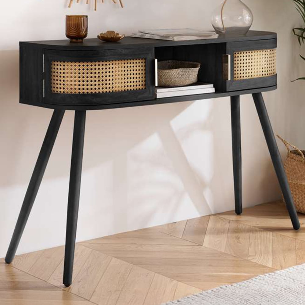 Birlea Noah 2 Door Single Shelf Black Rattan Console Table Image 1
