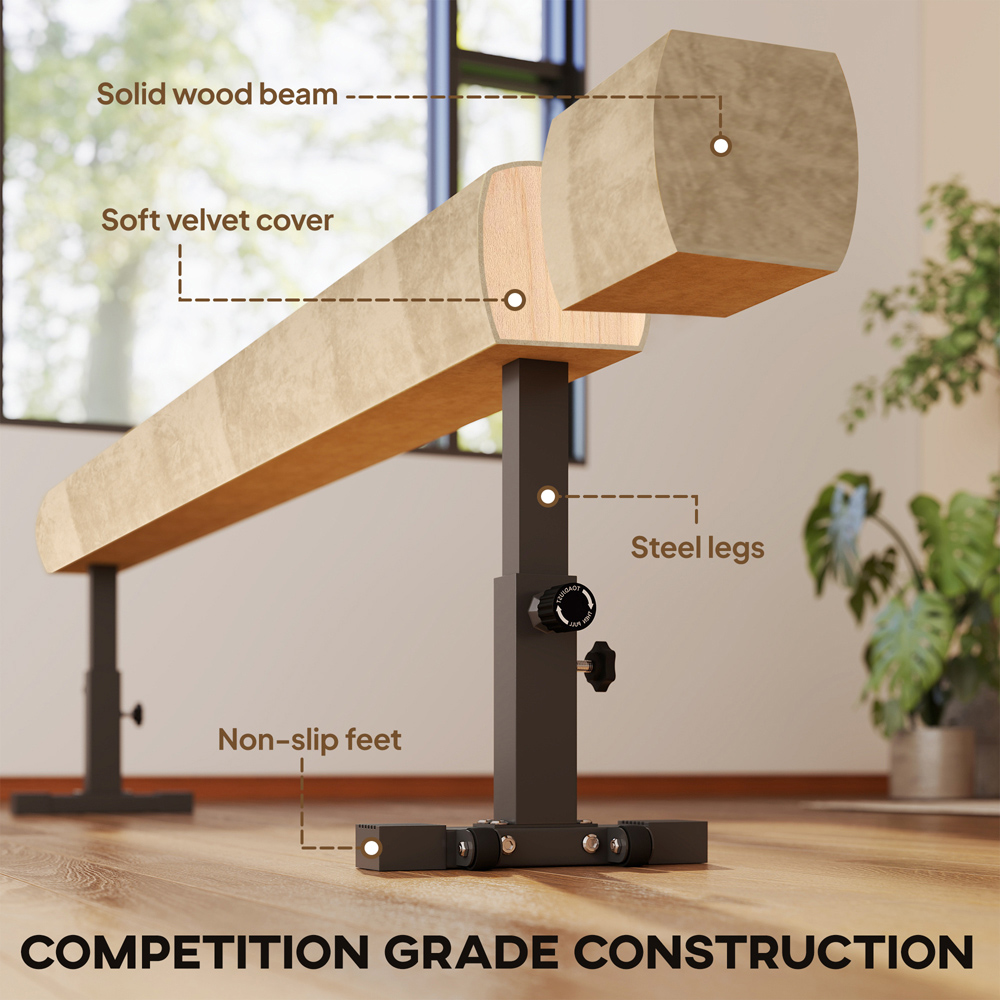 HOMCOM Natural Adjustable Gymnastics Balance Beam with Wheels Image 8