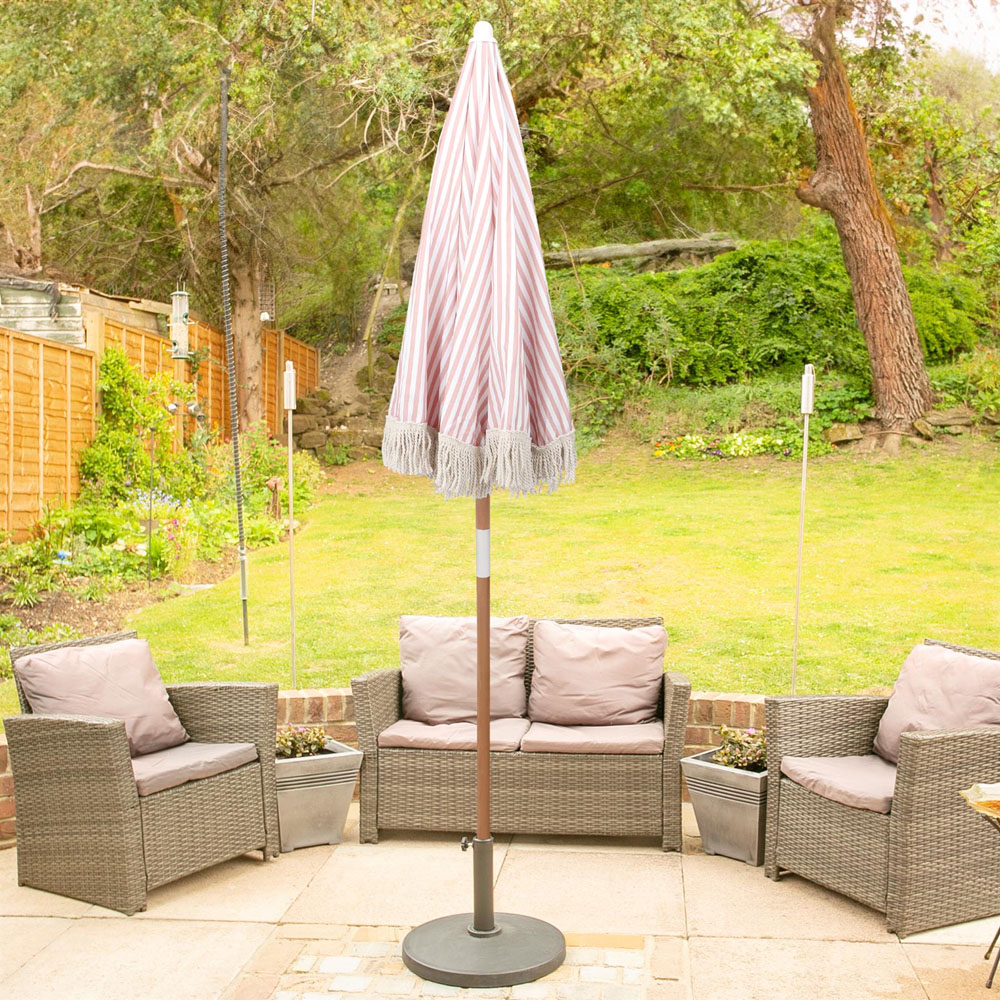 Harbour Housewares Pastel Pink Stripe Tassel Fringed Wooden Garden Parasol and Base Set 1.4m Image 4