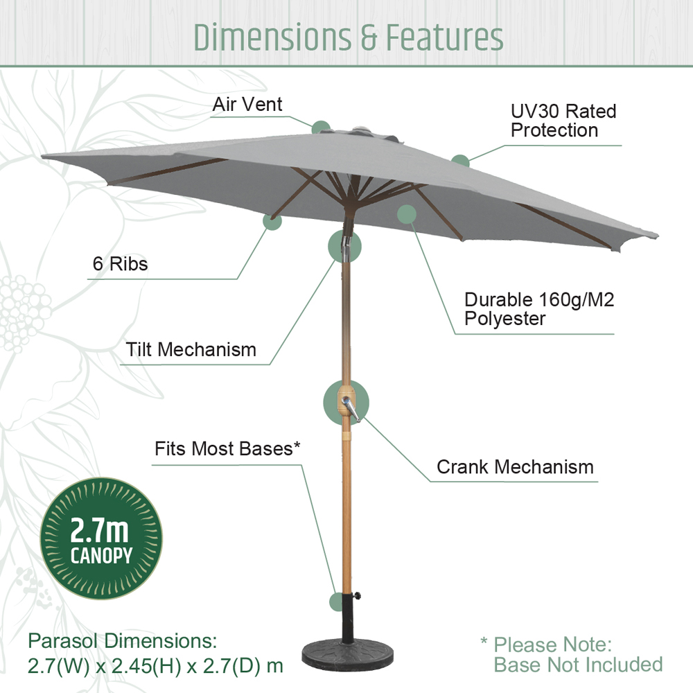 Gardenkraft Light Grey Crank and Tilt Wooden Parasol 2.7m Image 9