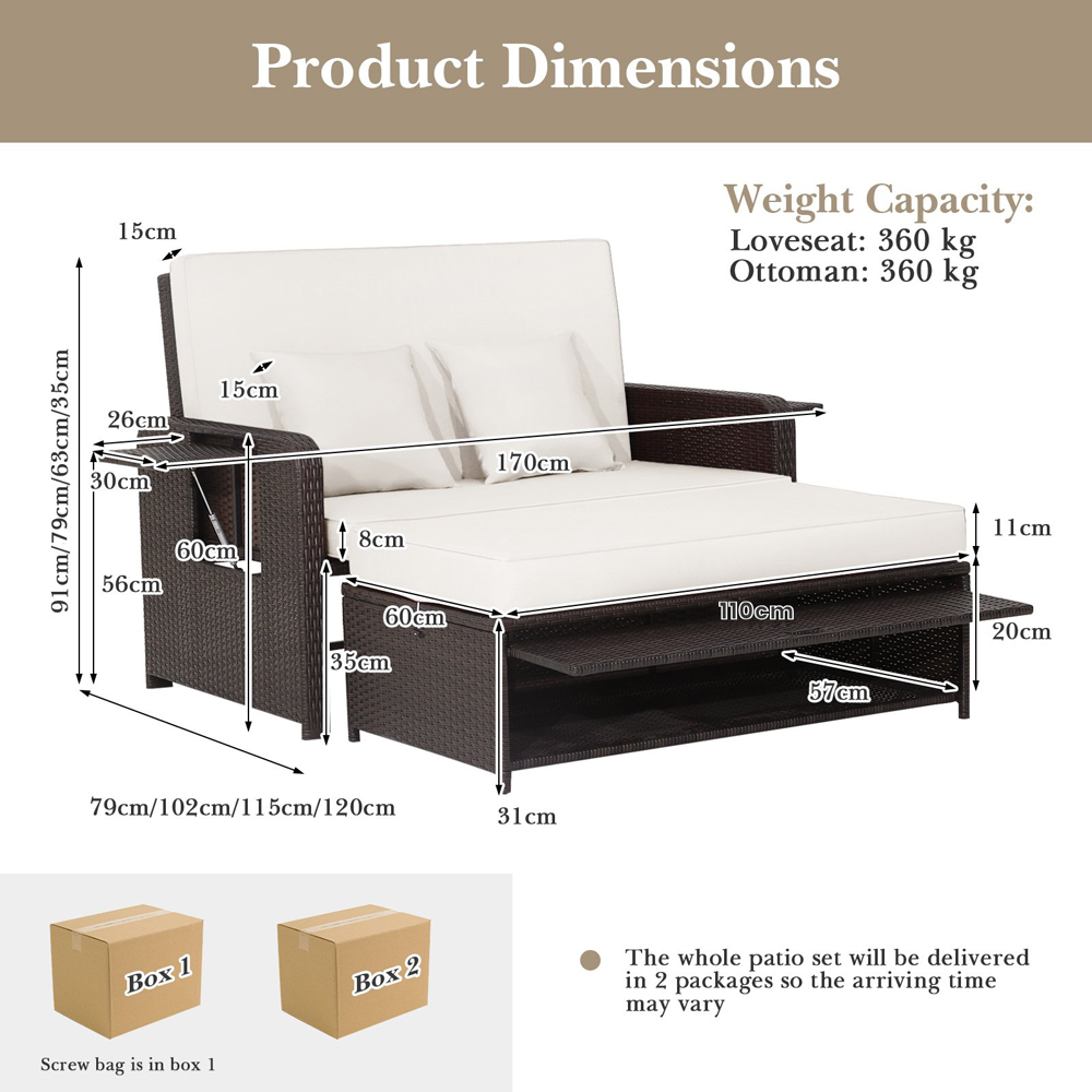 Costway 2 Seater Ratan Wicker White Loveseat Sofa with Ottoman and Side Tray Image 9