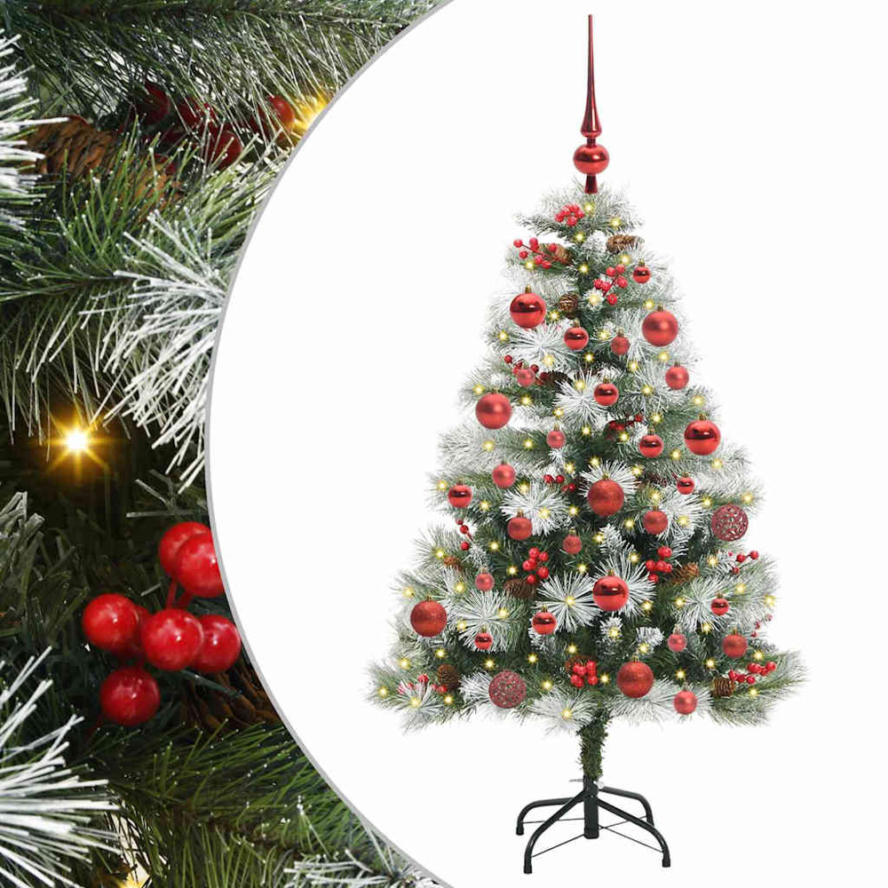 vidaXL Pre-Lit Red Baubles Green Artificial Snow Flocked Christmas Tree 5ft Image 2