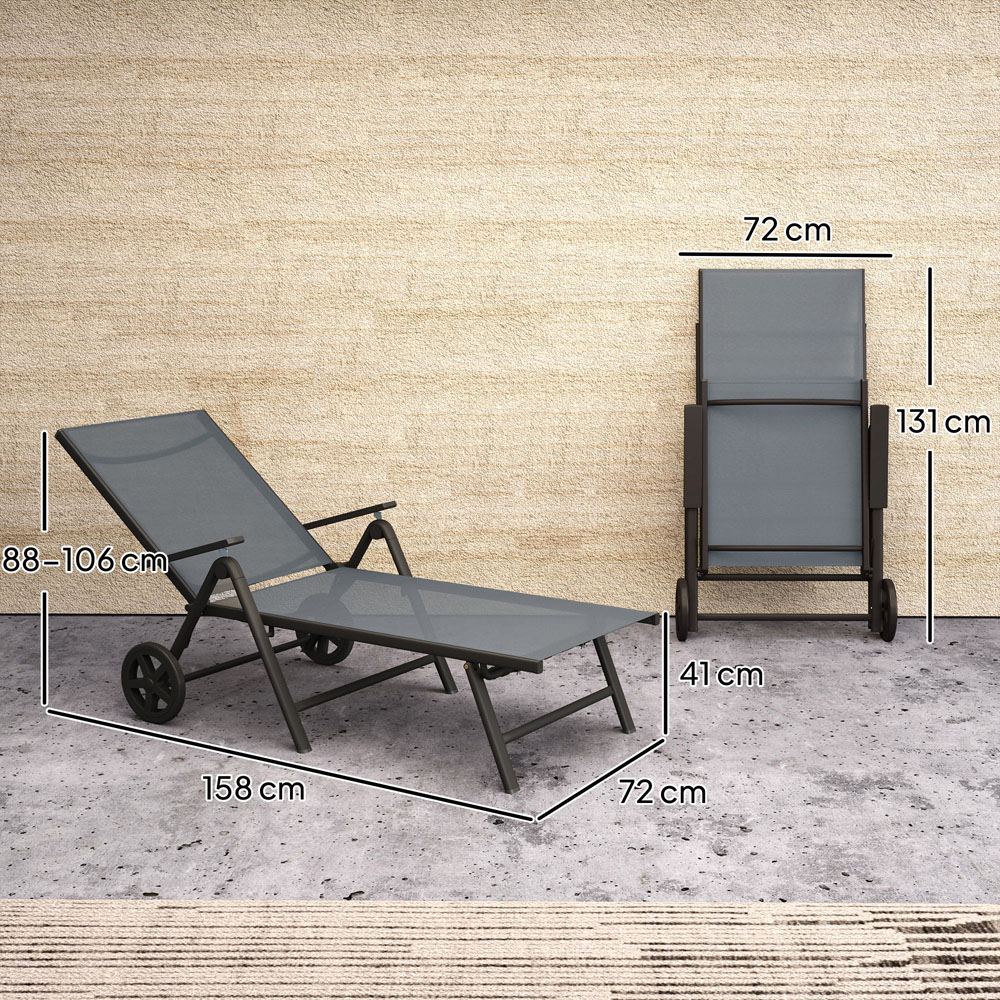 Outsunny Grey 5 Level Adjustable Folding Sun Lounger with Wheels Image 9