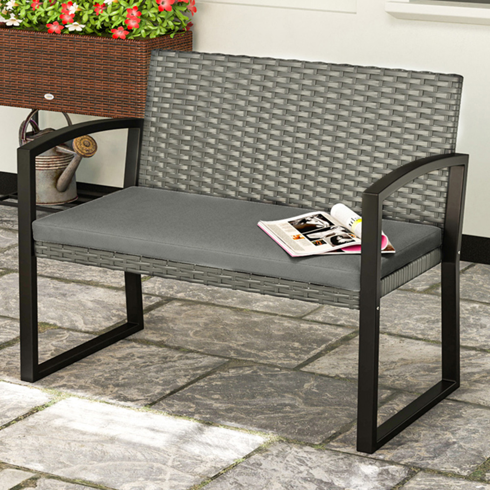 Outsunny 2 Seater Dark Grey Rattan Garden Bench with Cushion Image 1