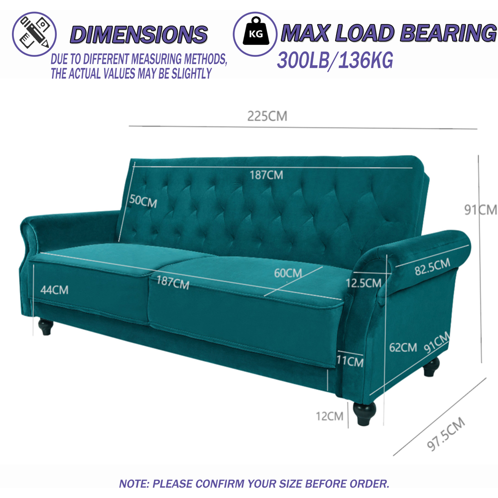 Furniture One 3 Seater Green Velvet Sofa Bed Image 9