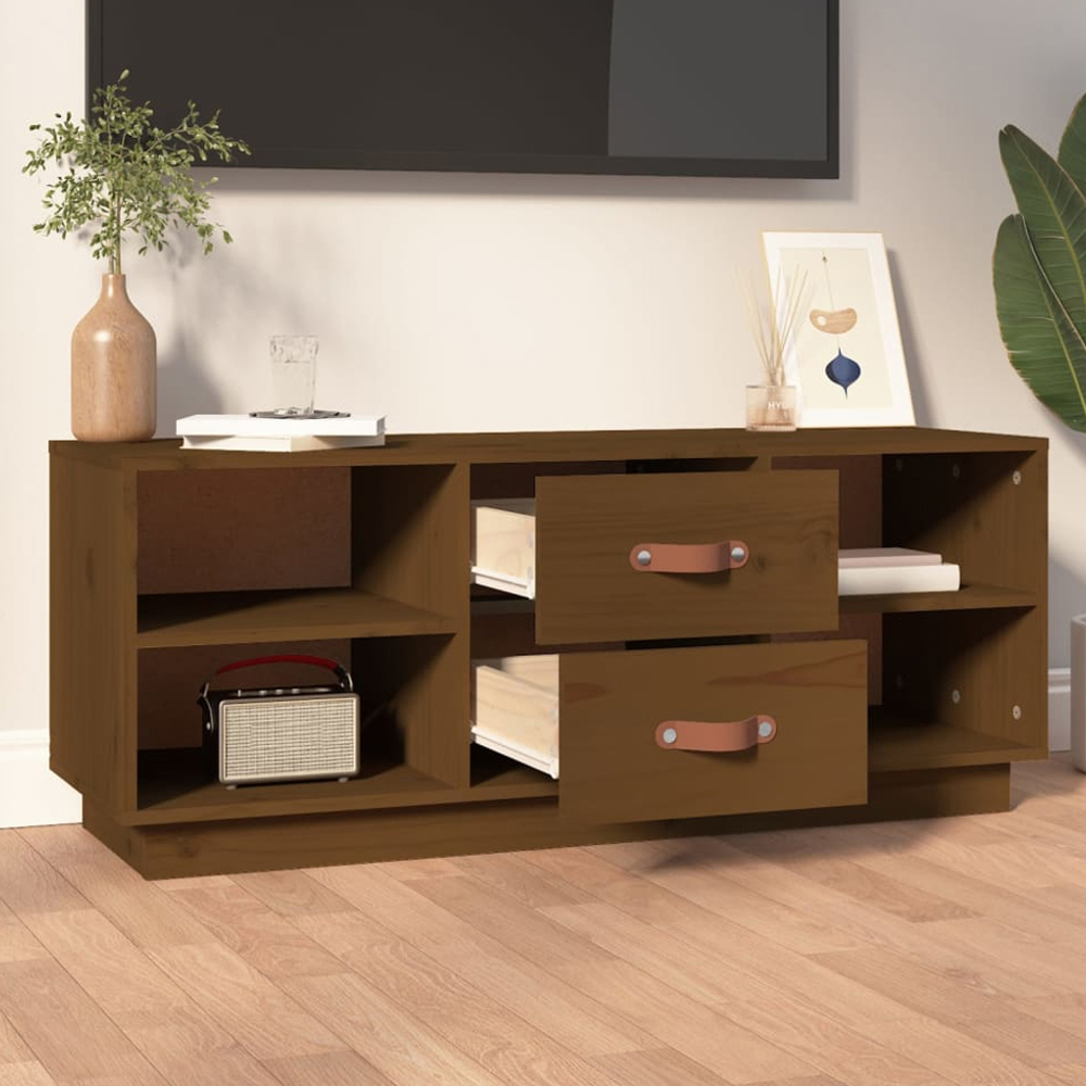 vidaXL 2 Drawer 4 Shelf Honey Brown Solid Pine Wood TV Cabinet Image 1