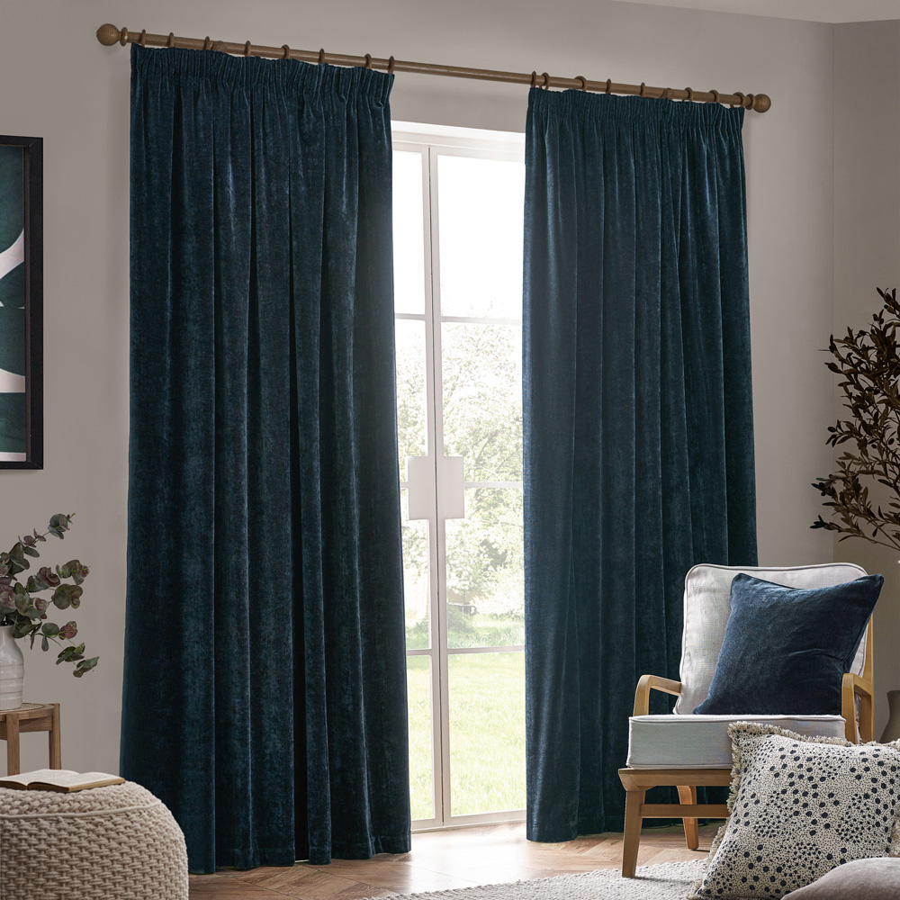 Yard Heavy Navy Chenille Velvet Pencil Pleat Curtains 117 x 183cm Image 5