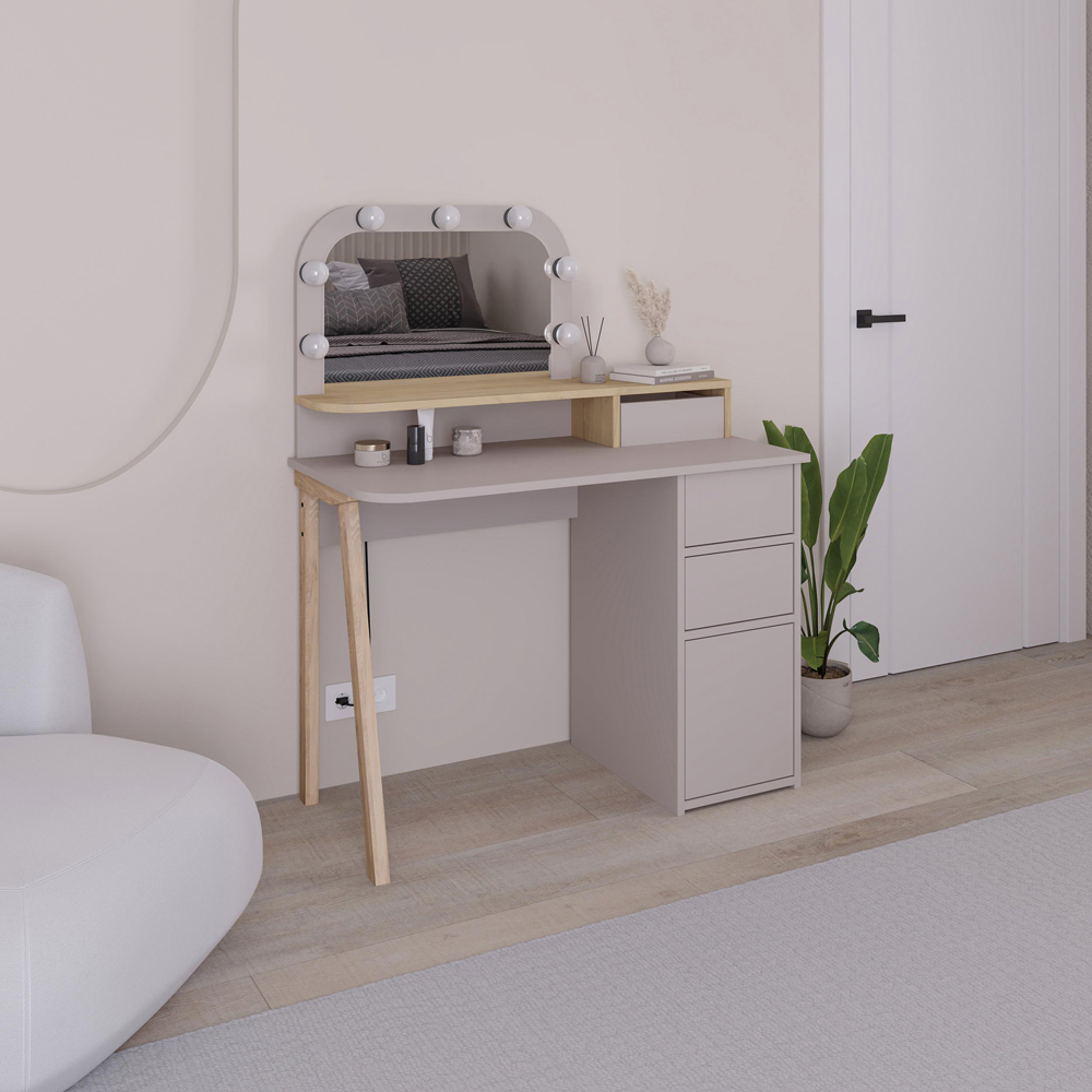 Decortie Avien 3 Drawer Single Door Mocha Grey and Oak Makeup Vanity Table with LED Mirror Image 4