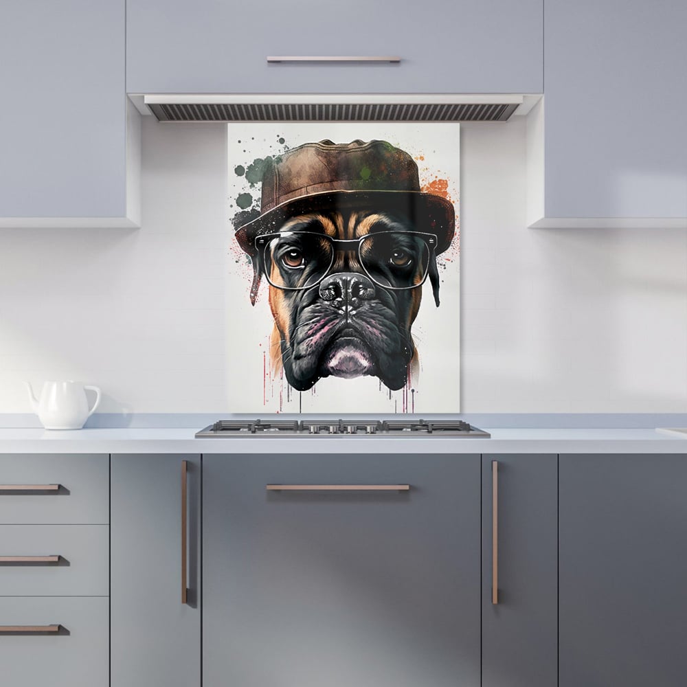 Warren Reed Designer Boxer Dog with Glasses Splashart Glass Kitchen Splashback 75 x 60cm Image 1