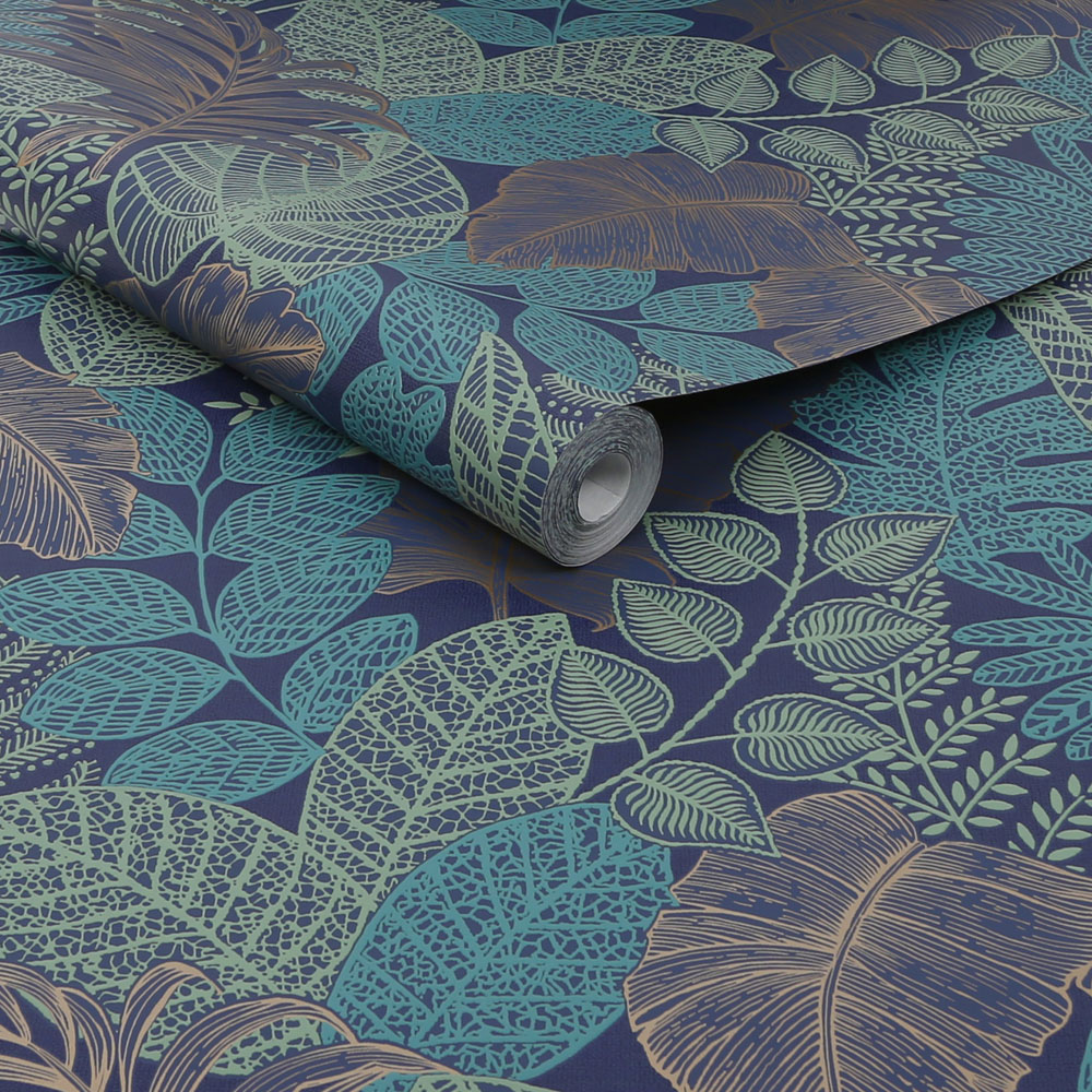 Superfresco Easy Scattered Leaves Blue and Copper Egg Wallpaper Image 2