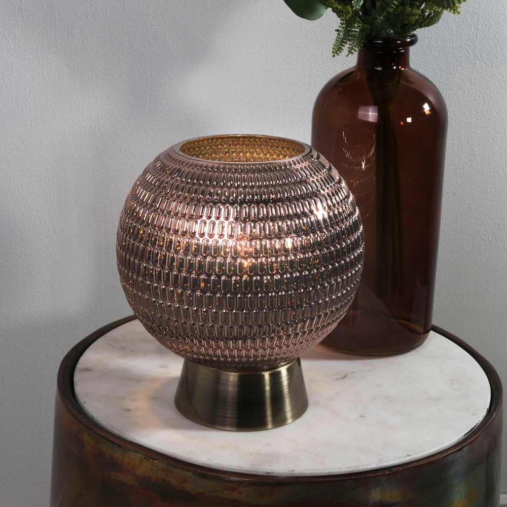 Lighting Collection Feng Brown Smoke Glass Shade Satin Brass Battery Powered Table Lamp Image 2