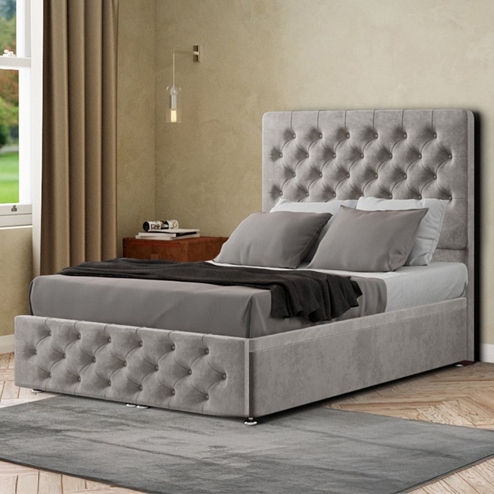 Portland Mary Chesterfield Single Silver Plush Ottoman Bed with Headboard Image 1