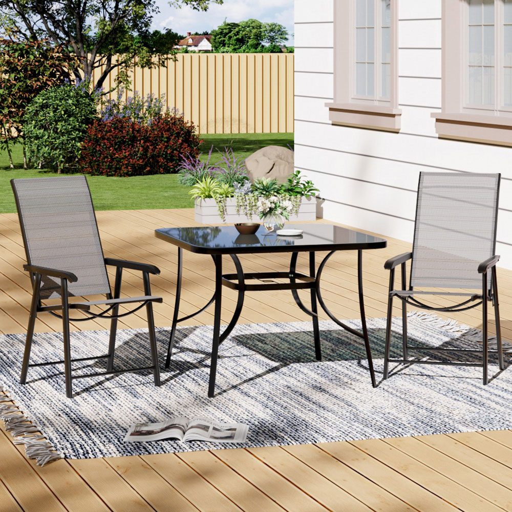 Living and Home Foldable 2 Seater Black Tempered Glass Patio Set Image 1